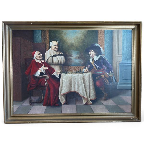 Antique Interior Genre Painting Tavern Scene Musketeer Cardinal & Priest 40x31"