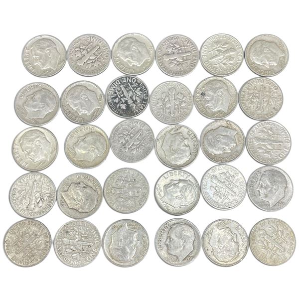 30 US "Roosevelt" Silver Dimes - 90% Silver - 1964 and Earlier * Circulated
