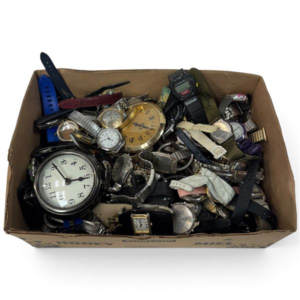 Box of Assorted Watches & Clock