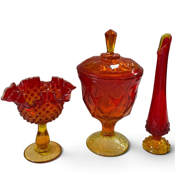 Amberina Glass Hobnail & Diamond Patterned Vases & Covered Compote