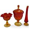 Image 1 : Amberina Glass Hobnail & Diamond Patterned Vases & Covered Compote
