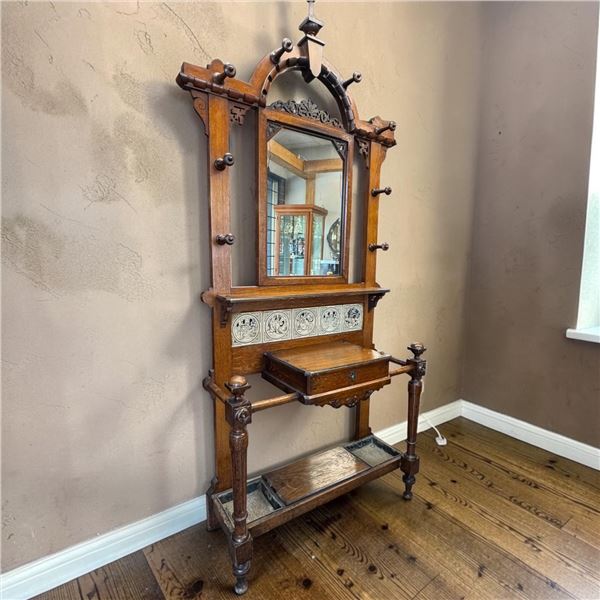 Victorian Oak Hall Stand w Aesthetic Movement Tile Inserts & Beveled Mirror 39x13x92"