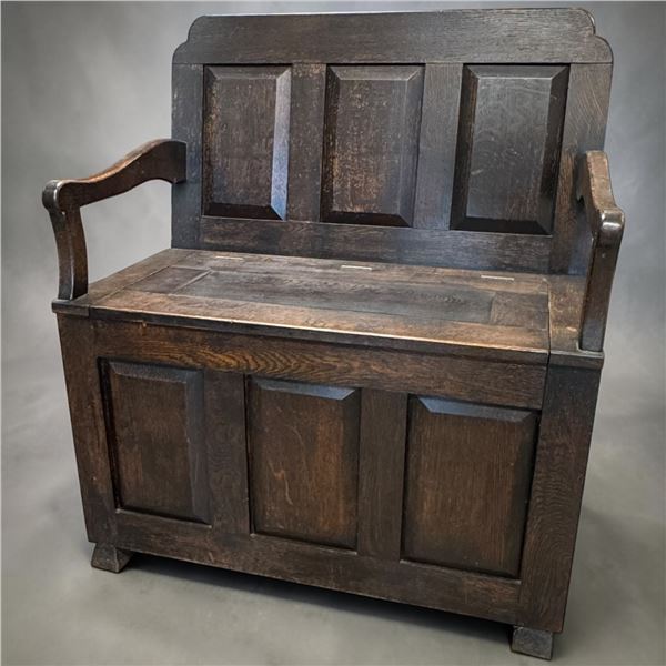 Antique Oak Hall Bench w Lift-Top Storage & Paneled Box Base 36x22x42"