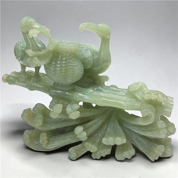 Chinese Carved Jadeite Figural Group w Mandarin Ducks on Lotus & Bamboo Base