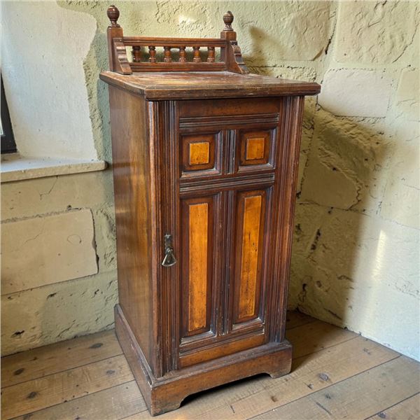 Victorian Walnut Bedside Cabinet w Gallery Rail & Burl Inlay 15.5x15x36"