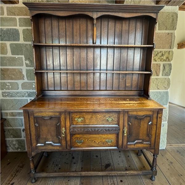 Antique Oak Welsh Dresser w Open Plate Rack & Carved Cabinet Base 60"x18.5"x79.5"