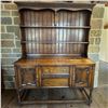 Image 1 : Antique Oak Welsh Dresser w Open Plate Rack & Carved Cabinet Base 60"x18.5"x79.5"