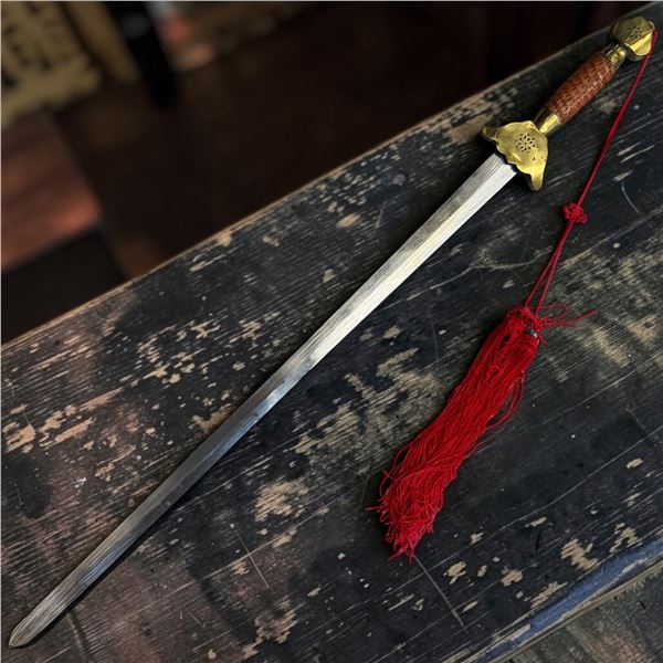 Chinese Jian Sword w Bronze Guard & Red Tassel 38.5" long