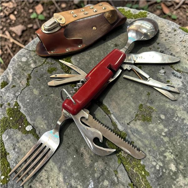 Vintage Multifunction Swiss-Style Pocket Knife w Leather Case