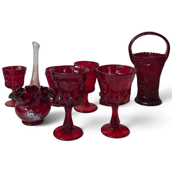 Ruby Red Glassware Set w Hand Painted Vase