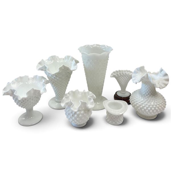 Collection of Fenton Hobnail Milk Glass Vases & Compote