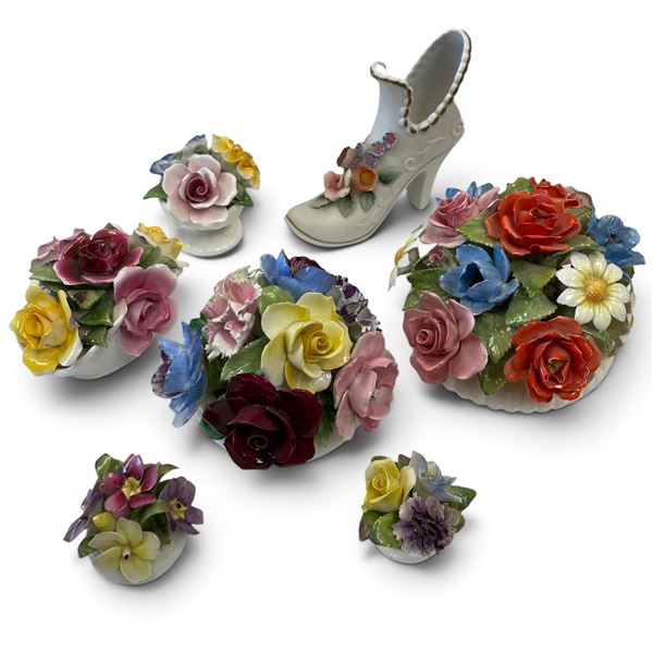 Porcelain Floral Arrangements & Shoe Figurine