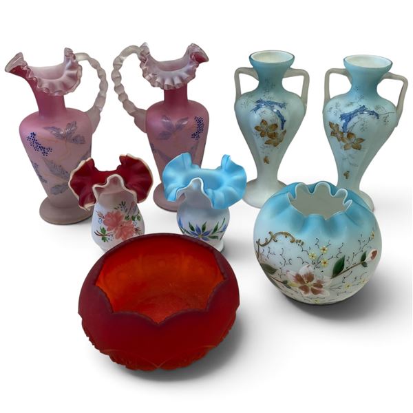 Assorted Hand-Painted Glass Vases & Bowl Set