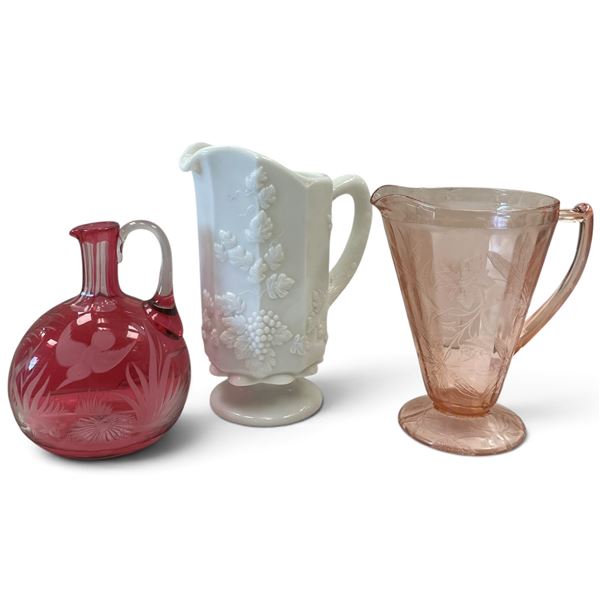 Red Glass Decanter, White Grape Relief Pitcher & Pink Glass Pitcher