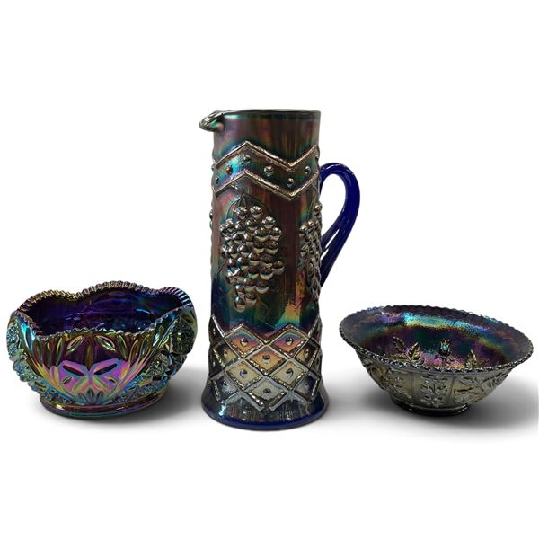 Imperial Glass Company amethyst/purple carnival glass set in the Diamond Lace