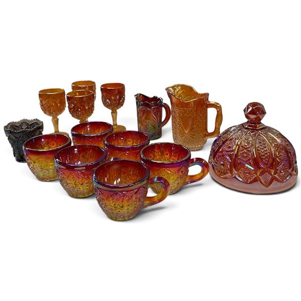 Iridescent Carnival Glass Set w Goblets, Creamer & Covered Dish