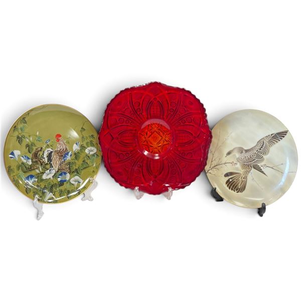 Decorative Plates Including Red Glass, Chicken & Floral, Bird Design