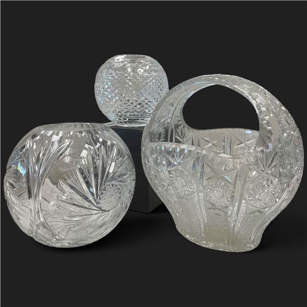 Cut Crystal Basket (10" Tall), Bowl & Sphere
