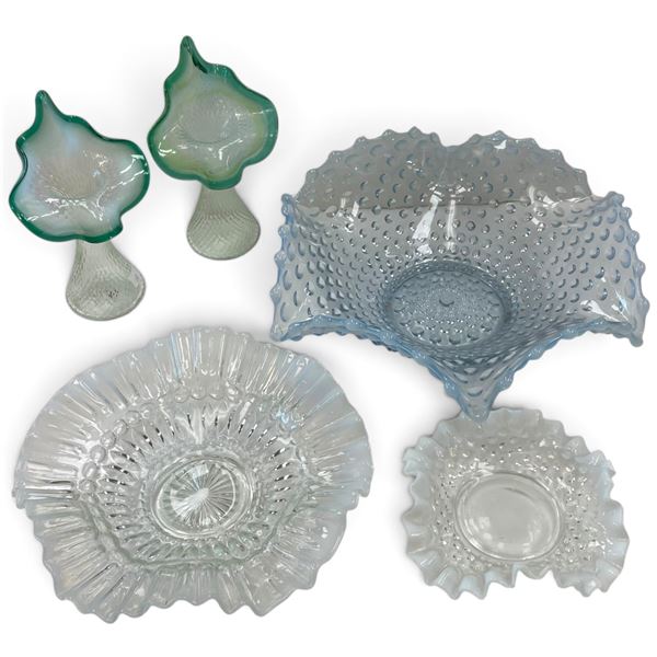 Assorted Glassware: Hobnail Bowls & Green Jack-in-the-Pulpit Vases 7" Tall