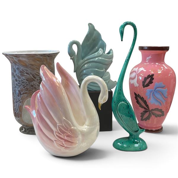Ceramic Swan (Japan), Green Speckled Bird 15" Tall & Floral Vases (Italy & Modern)