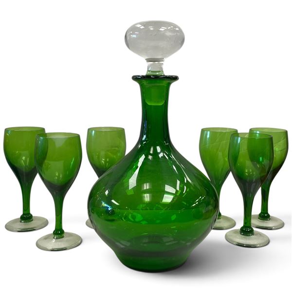 Green Glass Decanter 11" Tall & Six Goblets Set