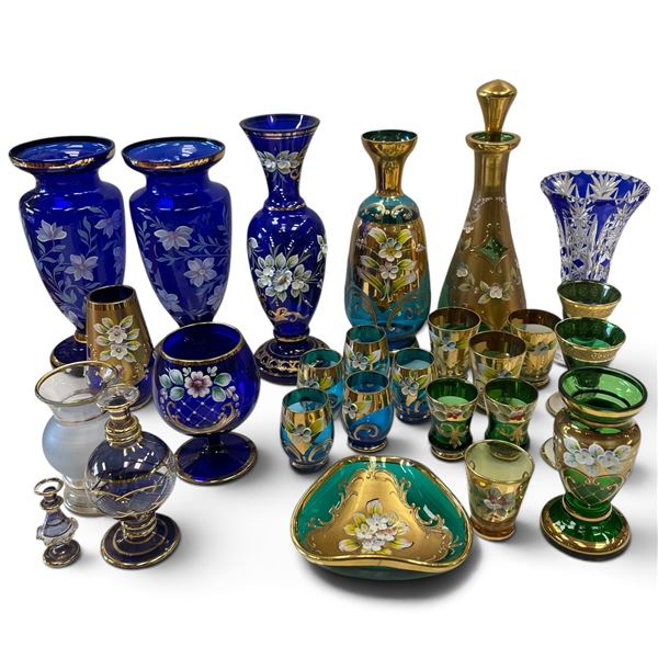 Collection of Bohemian Glass Vases & Drinkware w Floral Design