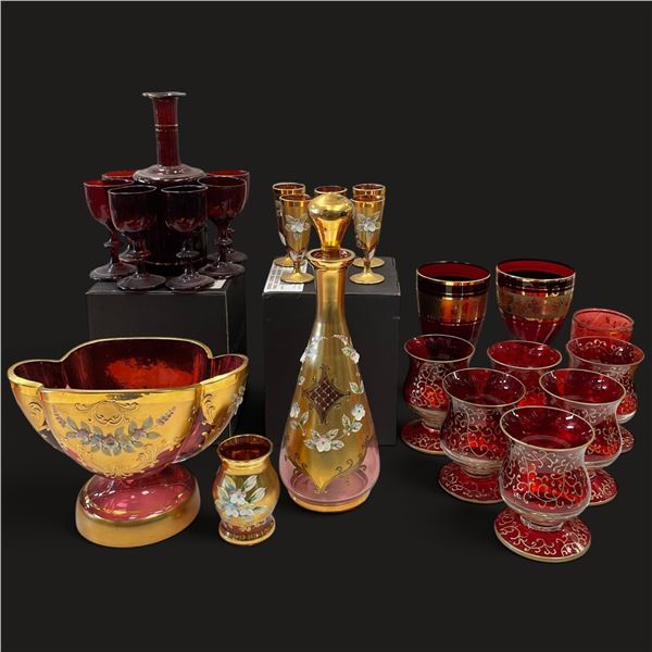 Red & Gold Bohemian Glassware Set w Decanter & Goblets