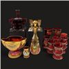 Image 1 : Red & Gold Bohemian Glassware Set w Decanter & Goblets