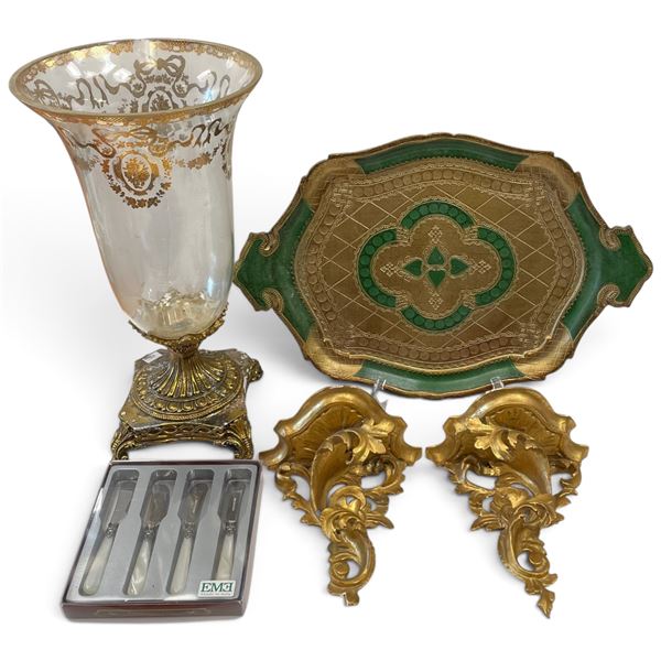 Vase & Tray w Italian Flatware Set, Gilt Corbels