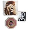 Image 1 : Unframed Lion Painting 15x15", Elvis Presley Plate, Black & White Photograph of Audrey Hepburn