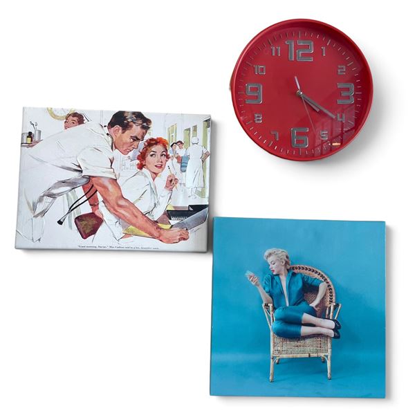Red Wall Clock, Robert Meyers Print & Marilyn Monroe Print 14x14"