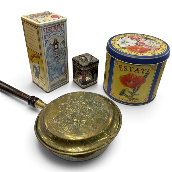 Benedictine Box, Decorative Tins & Brass Bed Warmer