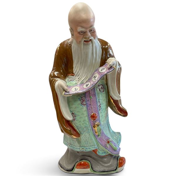 Chinese Porcelain Figure of a Scholar w Calligraphy Scroll 18" Tall