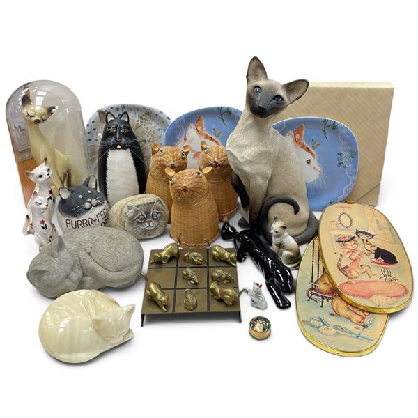 Gump's Italian Marble Cat, Brass Cat & Mouse Tic-Tac-Toe, Siamese Cat Figurines