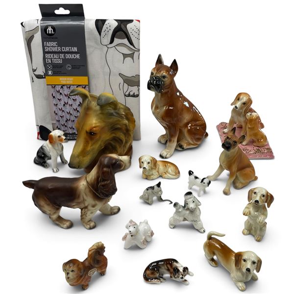 "Good Boy Lot" Ceramic Dog Figurines & Fabric Shower Curtain