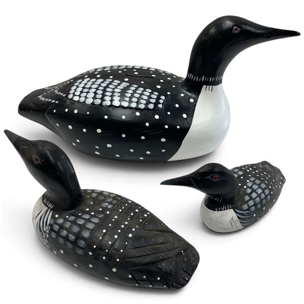 Set of Three Carved Wooden Loons w Spotted Pattern 1 is a Loonie Coin Bank 15" long