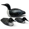 Image 2 : Set of Three Carved Wooden Loons w Spotted Pattern 1 is a Loonie Coin Bank 15" long