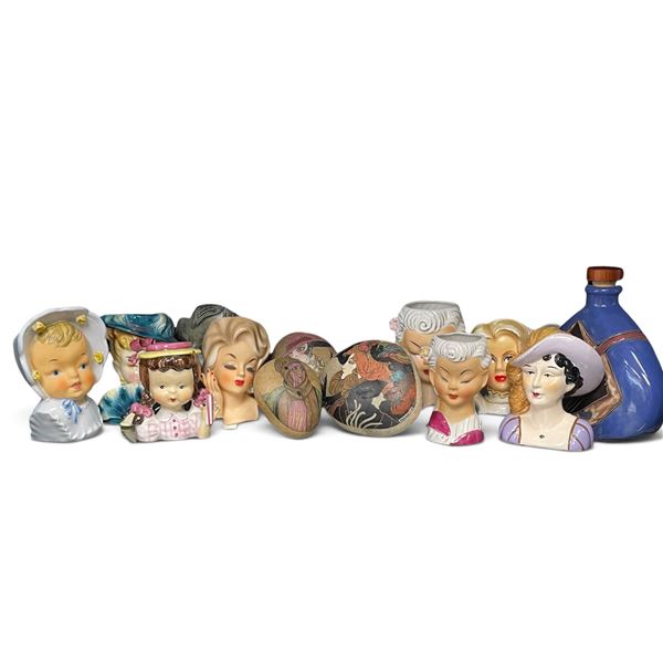 Assorted Ceramic Lady Head Vases & Blue Bottle