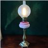 Image 1 : Victorian Brass & Pink Cased Glass Oil Lamp Height is 29"