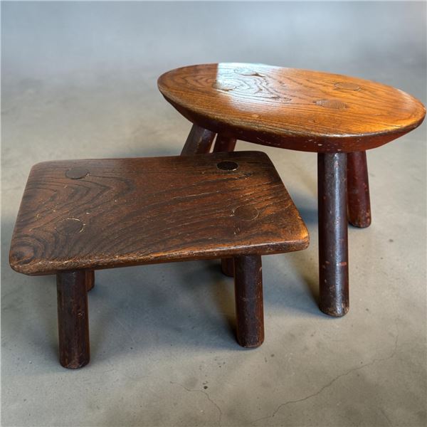 Vintage Small Wooden Foot Stools Rustic Design Oval & Rectangular 7.5 in