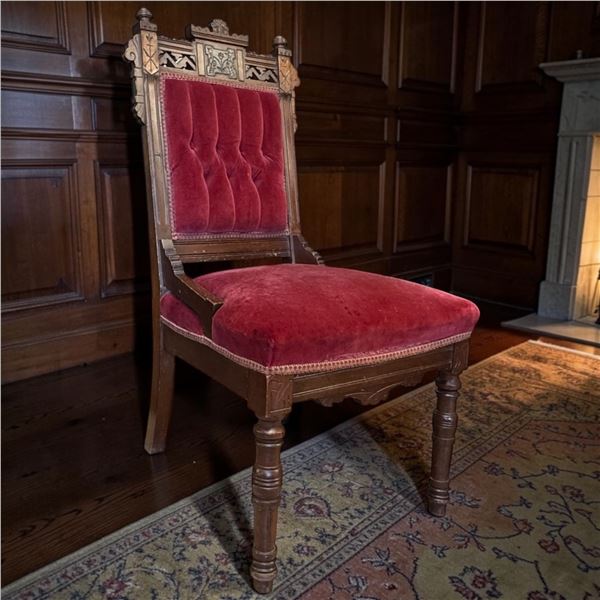 Victorian Style Wooden Chair w Red Velvet Upholstery Seat Height is 16"
