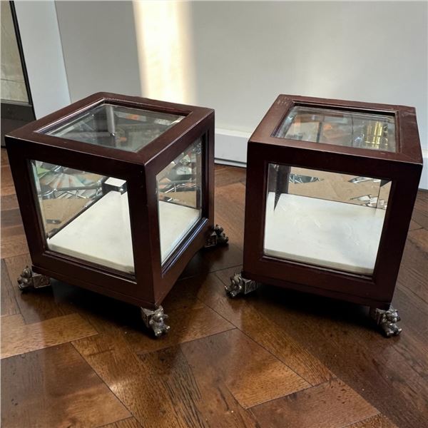 Pair of Bombay Company Wood & Glass Display Boxes w Bear Figurine Feet  * 6" x 6" x 7" tall