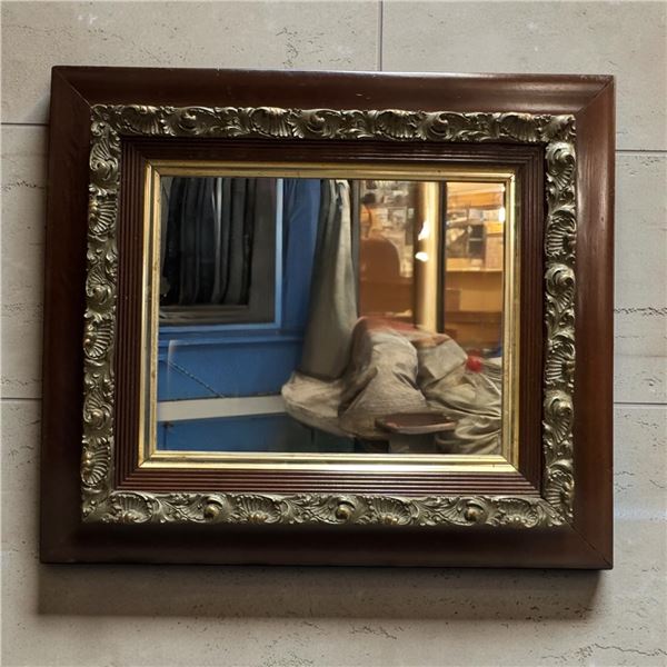 Ornate Gold-Toned Mirror w Brown Wood Frame 32x28"
