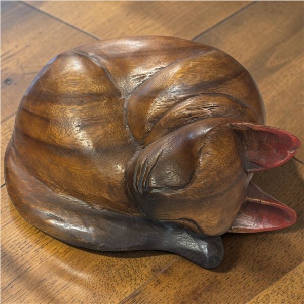 Wooden Sleeping Cat Sculpture w Carved Details 11" in Diameter