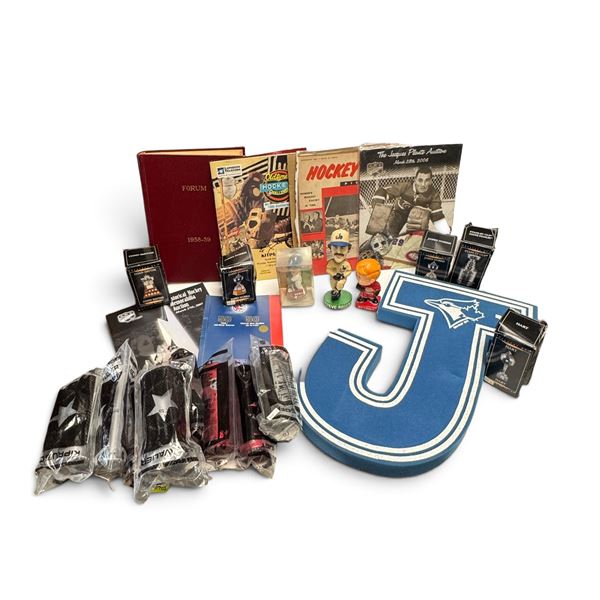 Sports Memorabilia Collection Including Figurines, Boxes & Foam Blue Jays J