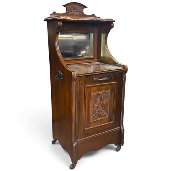 Antique Wooden Coal Scuttle Cabinet w Mirror & Carved Wood Detailing 16.5x13.5x38.5