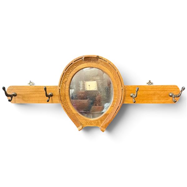 Wooden Horseshoe Mirror Coat Rack w Metal Hooks 38" Across