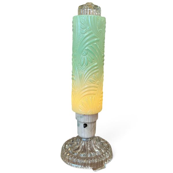 Art Deco Glass Torpedo Lamp * Floral Design - Green to Yellow Gradient 12 in Tall