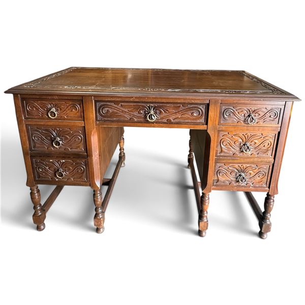 Ornately Carved Wooden Desk w Brass Handles 48x28x30.5"