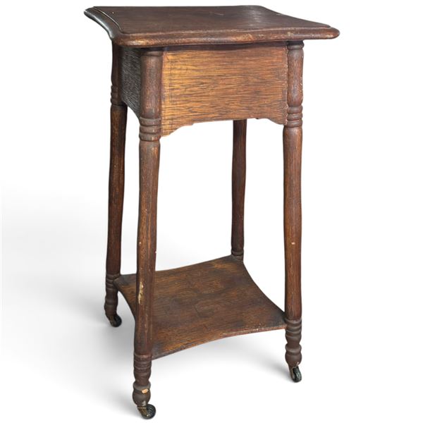 Antique Wooden Side Table w Turned Legs & Casters 16x14x23"